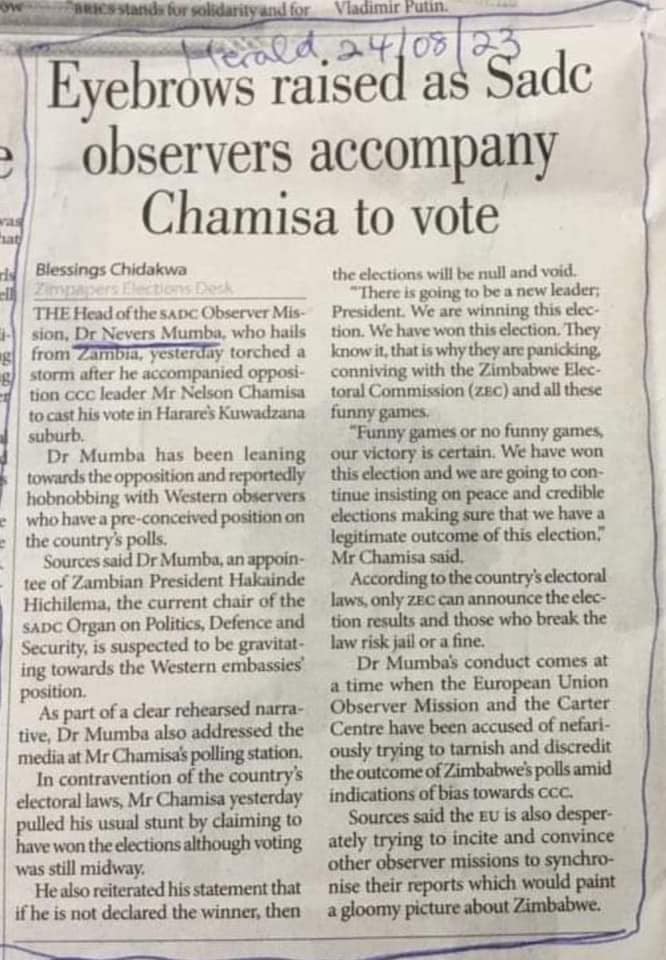 IGNORE FAKE HERALD NEWSPAPER STORY. SADC DID NOT GO WITH MR CHAMISA TO VOTE.- DR. NEVERS MUMBA