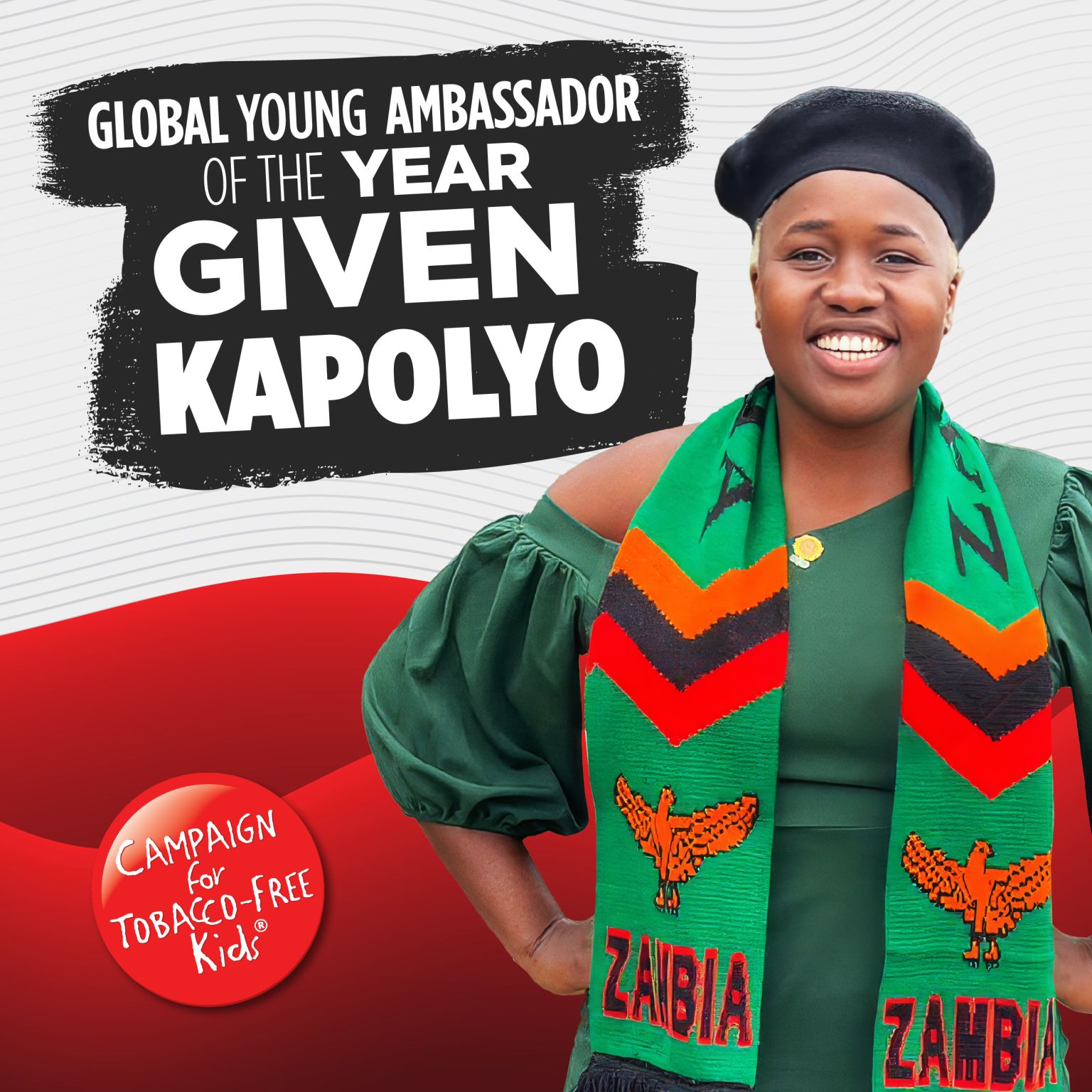 Campaign for Tobacco-Free Kids to Honor Given Kapolyo of Zambia with First-Ever Global Young Ambassador of the Year Award.